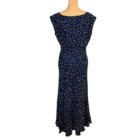 100% Silk Printed Maxi Dress SZ 12 Dark Blue Empire Waist Flowy Feminine A-Line - Picture 9 of 16